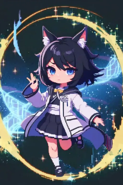 anime figure of a boy with cat ears, demon slayer rui fanart, chibi!!! kitten, anime boy, black-haired wizard with white streaks...