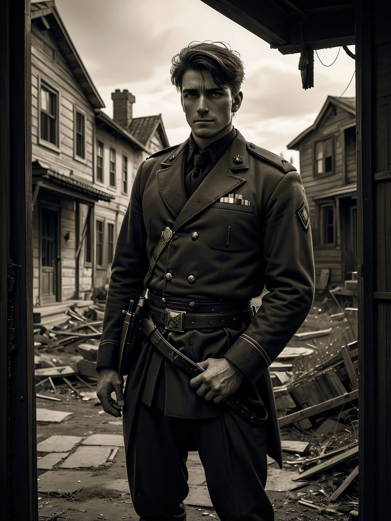 "Compose a poignant monochromatic daguerreotype-style portrait of a young, handsome soldier, aged around 25. He stands solemnly behind his family's weathered home, which bears scars from the Civil War. Soft, diffused lighting casts gentle shadows, emphasizing his strong, dignified stance amidst the ruins. Pose him with one hand resting on a broken fence post, wearing a worn but distinguished military uniform of the era. Frame the portrait tightly from the waist up, capturing his determined gaze and the subtle emotions etched on his face. Convert the image to sepia-toned monochrome, carefully enhancing textures to replicate the tactile feel of a daguerreotype. Incorporate a delicate border around the image, reminiscent of the brass mat typical of historical photographs. Ensure every detail conveys the resilience and sacrifice of a soldier shaped by the trials of war, preserving a powerful moment in history through the lens of early photographic artistry." Selective focus, Muted Colors, [Imperfect skin], real hair movement,