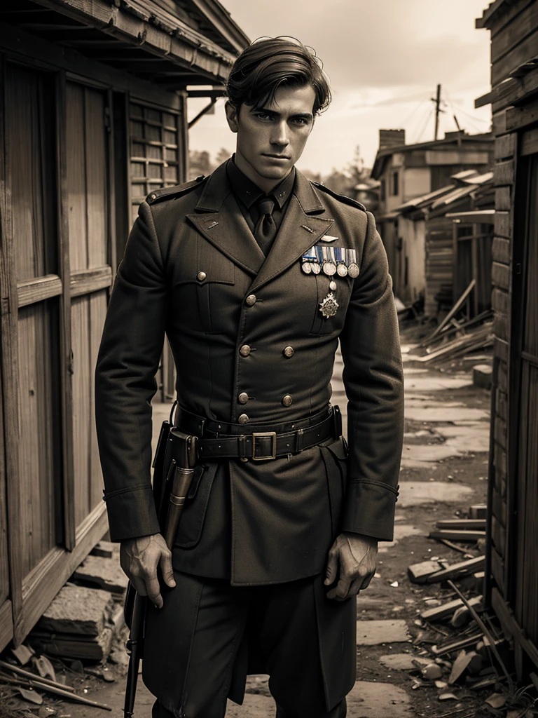 "Compose a poignant monochromatic daguerreotype-style portrait of a young, handsome soldier, aged around 25. He stands solemnly behind his family's weathered home, which bears scars from the Civil War. Soft, diffused lighting casts gentle shadows, emphasizing his strong, dignified stance amidst the ruins. Pose him with one hand resting on a broken fence post, wearing a worn but distinguished military uniform of the era. Frame the portrait tightly from the waist up, capturing his determined gaze and the subtle emotions etched on his face. Convert the image to sepia-toned monochrome, carefully enhancing textures to replicate the tactile feel of a daguerreotype. Incorporate a delicate border around the image, reminiscent of the brass mat typical of historical photographs. Ensure every detail conveys the resilience and sacrifice of a soldier shaped by the trials of war, preserving a powerful moment in history through the lens of early photographic artistry." Selective focus, Muted Colors, [Imperfect skin], real hair movement,