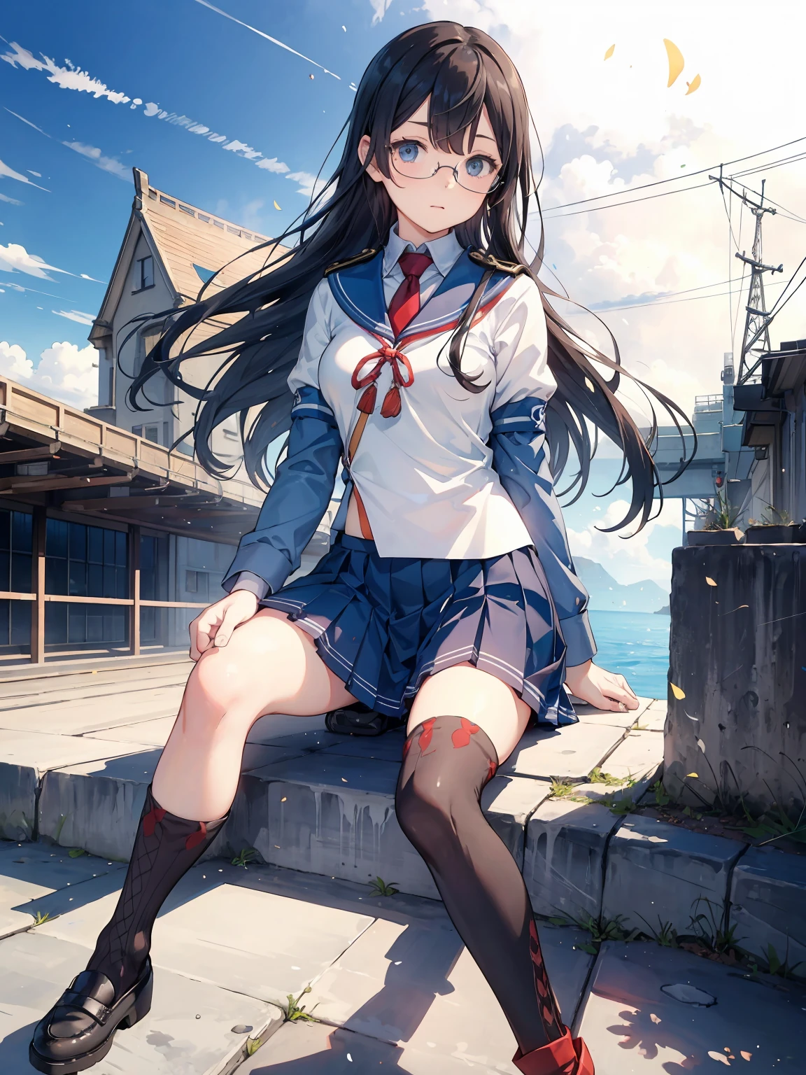 (Oyodo Kai　Kantai Collection)、((Lustrous thighs))、Glasses,Pleated skirt、Sailor suit、Red tie、Are standing、((紫のoverknee socks:1.5))
