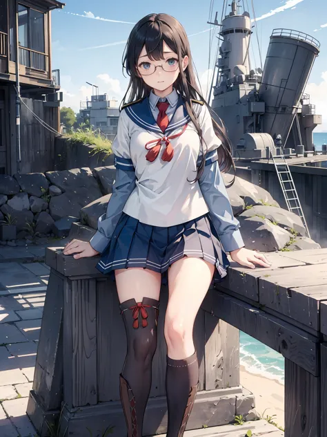 (oyodo kai　kantai collection)、((lustrous thighs))、glasses,pleated skirt、sailor suit、red tie、are standing、((紫のoverknee socks:1.5)...