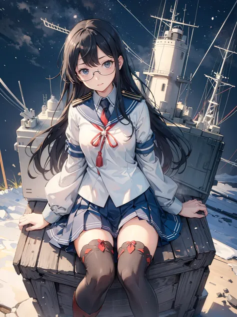 (oyodo kai　kantai collection)、((lustrous thighs))、glasses,pleated skirt、sailor suit、red tie、are standing、((紫のoverknee socks:1.5)...