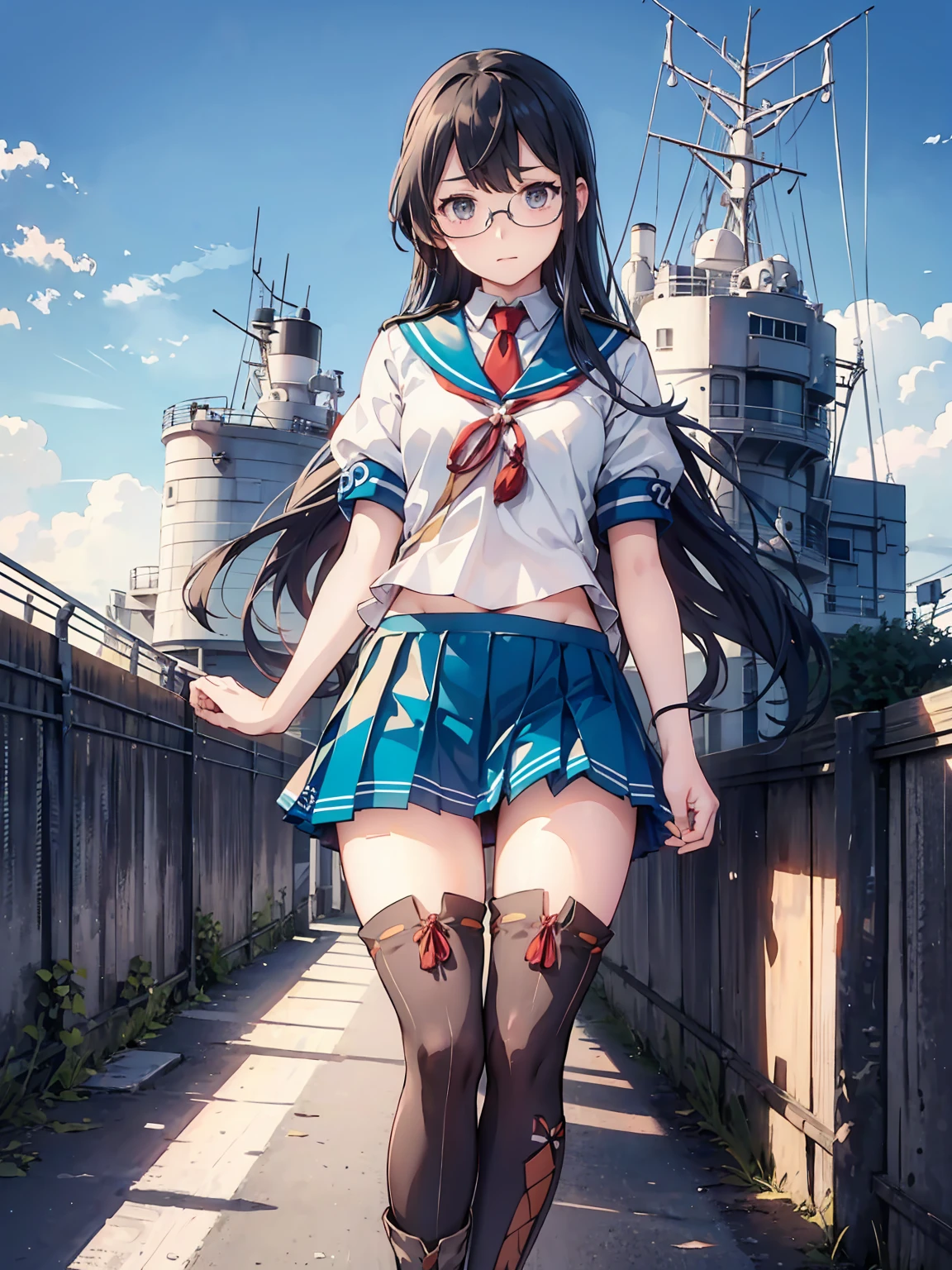 (Oyodo Kai　Kantai Collection)、((Lustrous thighs))、Glasses,Pleated skirt、Sailor suit、Red tie、Are standing、((紫のoverknee socks:1.5))
