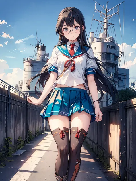 (oyodo kai　kantai collection)、((lustrous thighs))、glasses,pleated skirt、sailor suit、red tie、are standing、((紫のoverknee socks:1.5)...