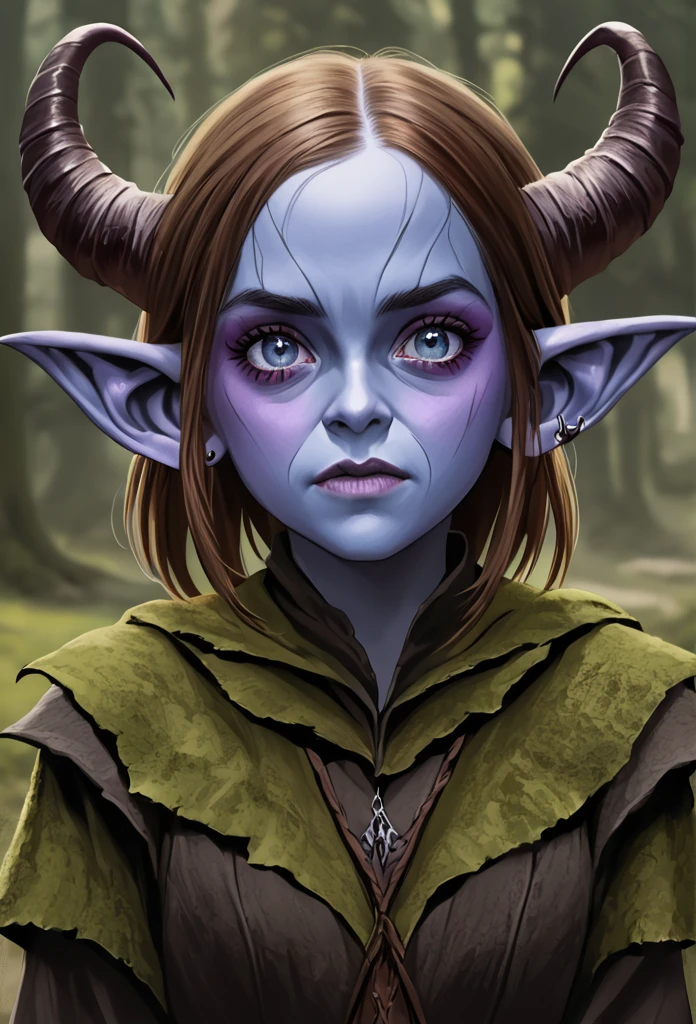 Emma Watson, brown hair, blue eyes, GobGirl, purple skin, short, demon horns, long ears, large ears, piercings, colored skin, monster_girl 1girl, pointy ears, goblin, shortstack, long pointy ears, earrings, realism, demon tail, hooves