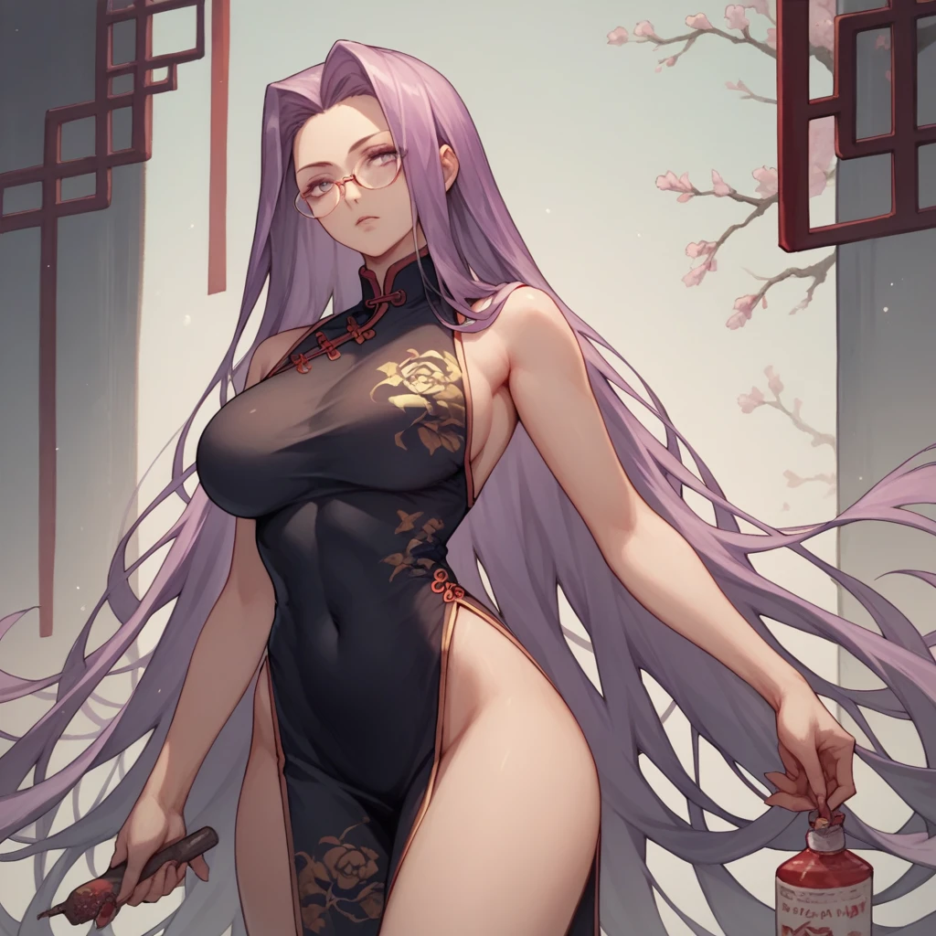 score_8_superior,sauce_anime, One person, Medusa, Very large breasts, Are standing,The whole body is visible, A gorgeous black open-necked Chinese dress,　Sexy pose,Background white,Glasses
