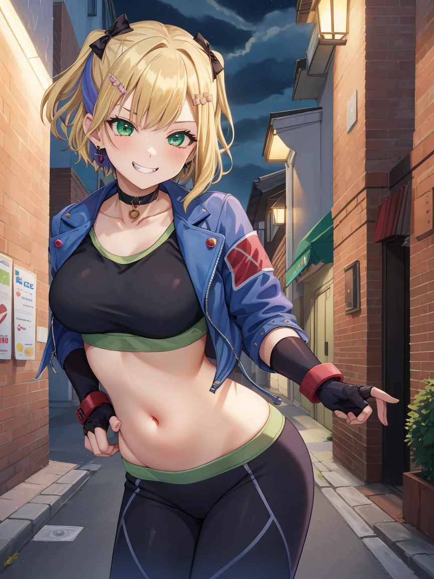 Portrait, official art, best masterpiece, best quality, best resolution, 8K, best detailed, perfect anatomy
break
Dynamic pose, fighting pose
break
1girl, solo, kurumi noah, hairclip, hair ornament, bow, jewelry, medium breasts, (Short stature:1.3), cute, Green Eyes
break
blonde hair, scar on cheek, black choker, collarbone, blue jacket, cropped jacket, open jacket, sports bra, midriff, fingerless gloves, black gloves, black pants
break
(lewd smile), grin
break
Back alley, downtown, (night, midnight, darkness:1.4), very fine and detailed 16KCG wallpapersrs