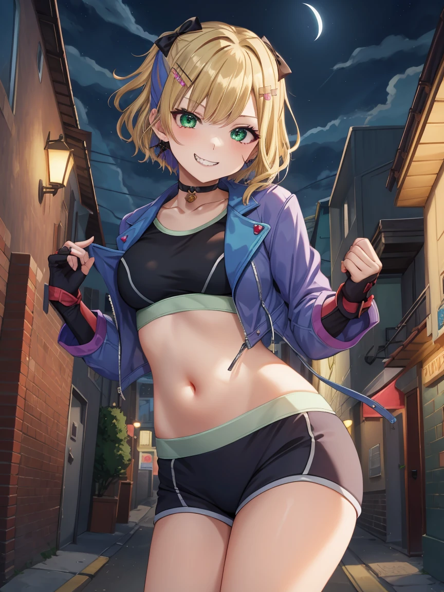 Portrait, official art, best masterpiece, best quality, best resolution, 8K, best detailed, perfect anatomy
break
Dynamic pose, fighting pose
break
1girl, solo, kurumi noah, hairclip, hair ornament, bow, jewelry, medium breasts, (Short stature:1.3), cute, Green Eyes
break
blonde hair, scar on cheek, black choker, collarbone, blue jacket, cropped jacket, open jacket, sports bra, midriff, fingerless gloves, black gloves, black pants
break
(lewd smile), grin
break
Back alley, downtown, (night, midnight, darkness:1.4), very fine and detailed 16KCG wallpapersrs