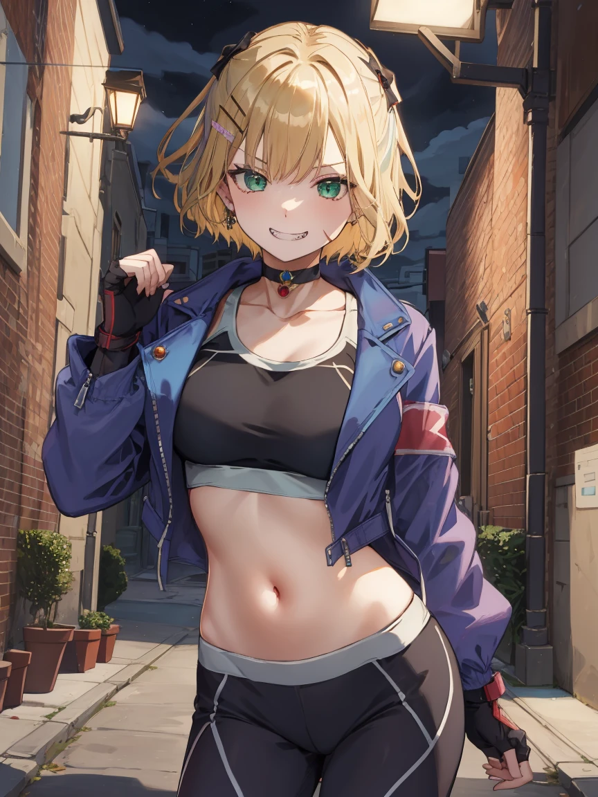 Portrait, official art, best masterpiece, best quality, best resolution, 8K, best detailed, perfect anatomy
break
Dynamic pose, fighting pose
break
1girl, solo, kurumi noah, hairclip, hair ornament, bow, jewelry, medium breasts, (Short stature:1.3), cute, Green Eyes
break
blonde hair, scar on cheek, black choker, collarbone, blue jacket, cropped jacket, open jacket, sports bra, midriff, fingerless gloves, black gloves, black pants
break
(lewd smile), grin
break
Back alley, downtown, (night, midnight, darkness:1.4), very fine and detailed 16KCG wallpapersrs