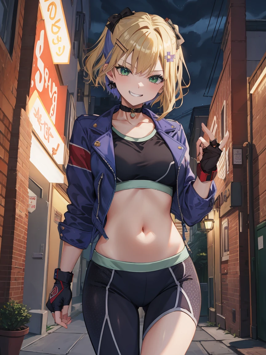 Portrait, official art, best masterpiece, best quality, best resolution, 8K, best detailed, perfect anatomy
break
Dynamic pose, fighting pose
break
1girl, solo, kurumi noah, hairclip, hair ornament, bow, jewelry, medium breasts, (Short stature:1.3), cute, Green Eyes
break
blonde hair, scar on cheek, black choker, collarbone, blue jacket, cropped jacket, open jacket, sports bra, midriff, fingerless gloves, black gloves, black pants
break
(lewd smile), grin
break
Back alley, downtown, (night, midnight, darkness:1.4), very fine and detailed 16KCG wallpapersrs