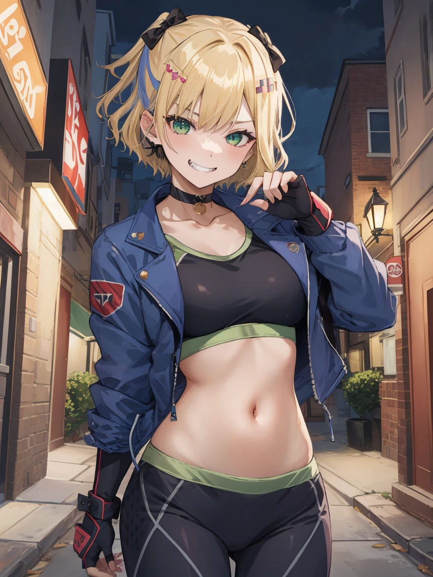 Portrait, official art, best masterpiece, best quality, best resolution, 8K, best detailed, perfect anatomy
break
Dynamic pose, fighting pose
break
1girl, solo, kurumi noah, hairclip, hair ornament, bow, jewelry, medium breasts, (Short stature:1.3), cute, Green Eyes
break
blonde hair, scar on cheek, black choker, collarbone, blue jacket, cropped jacket, open jacket, sports bra, midriff, fingerless gloves, black gloves, black pants
break
(lewd smile), grin
break
Back alley, downtown, (night, midnight, darkness:1.4), very fine and detailed 16KCG wallpapersrs