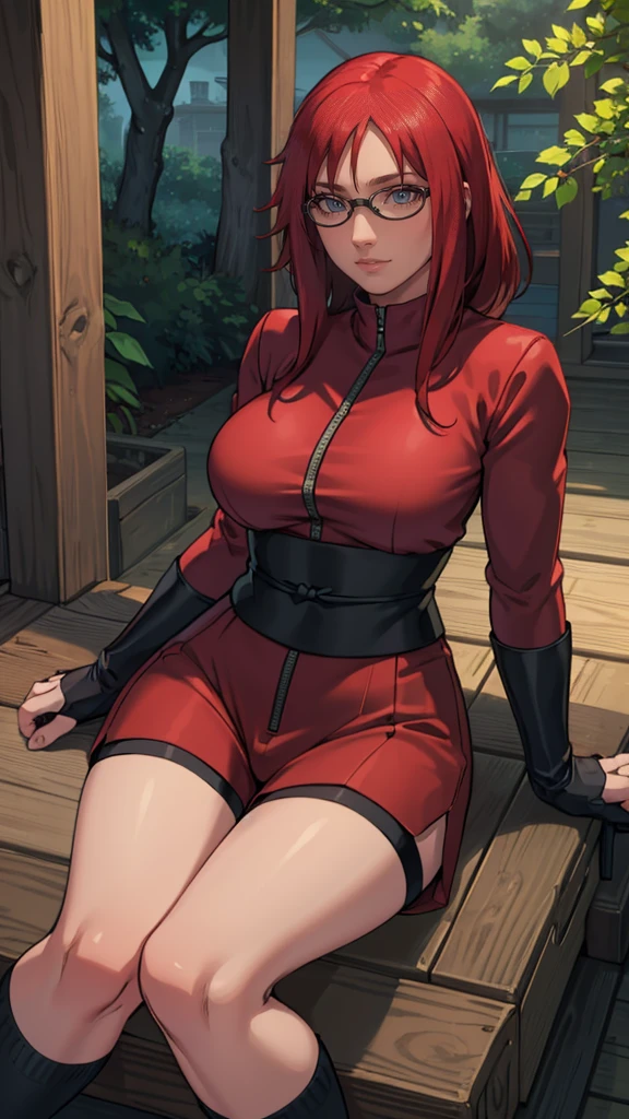 (masterpiece:1.2, best quality:1.2, beautiful, high quality, highres:1.1), detailed, extremely detailed 4K, perfect eyes, perfect face, perfect lighting, (1girl, solo, adult female, mature female), thin, lithe body, 
karin, long red hair, red eyes, glasses, (big breasts), sitting
(red shirt), black bike shorts, black stockings, combat gloves, red ey color, cute looking, embarrassed 
(outside, trees, japanese village background:1.2), closed clothes, closed zipper shirt, ((((sensual seductive, busty)))),  high quality, 