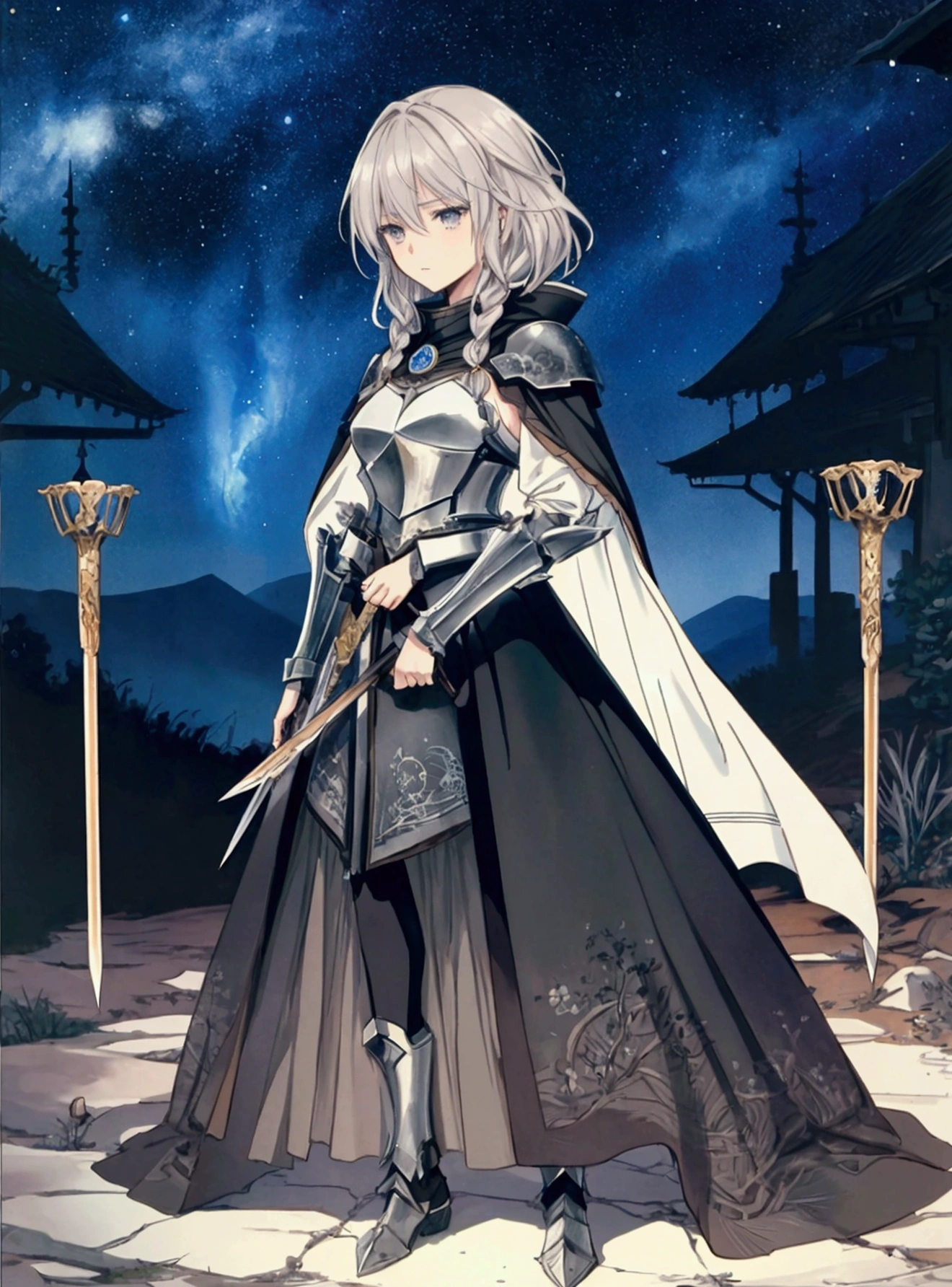 (Masterpiece), ((Highest Quality)),(Official Art),dark epic: 1.2),(1 solo anime character: 1.3). An androgynous female knight with braided blonde hair and gray eyes. She wears a masculine heavy armor with cape, holding onto a large sword. She looks up with a wistful stare at the starry sky, with war camps and flags on the distance. Full body. Detailed landscape. Mature artstyle (no moe). Soft fairytale picture Arthur Rackham-style. Colorful, best detailed ((super detailed)), (highly detailed 2D anime illustration), ((epic and beautiful))