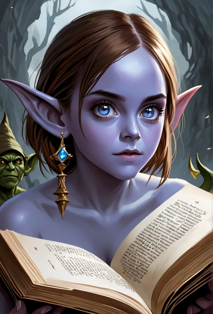 Emma Watson, brown hair, blue eyes, nude, floating, glowing tome, GobGirl, purple skin, short, demon horns, long ears, large ears, piercings, colored skin, monster_girl 1girl, pointy ears, goblin, shortstack, long pointy ears, earrings, realism, demon tail, hooves