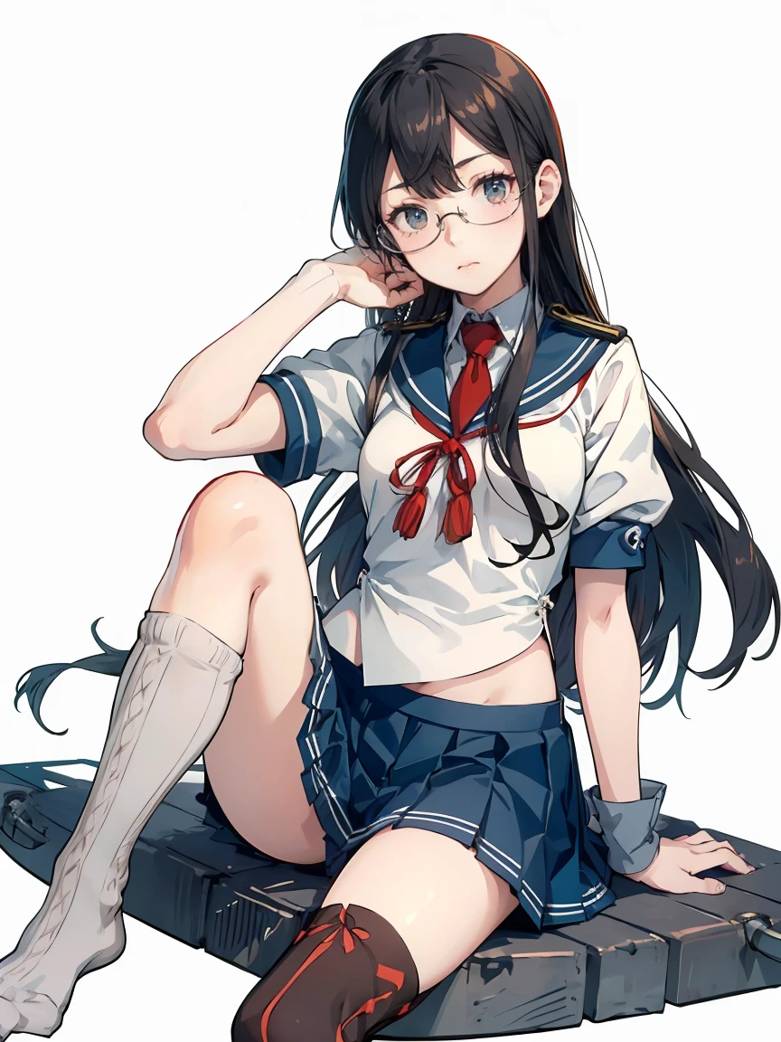 (Oyodo Kai　Kantai Collection)、((Lustrous thighs))、Glasses,Pleated skirt、Sailor suit、Red tie、Are standing、((紫のoverknee socks:1.5))
