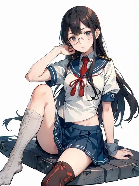 (oyodo kai　kantai collection)、((lustrous thighs))、glasses,pleated skirt、sailor suit、red tie、are standing、((紫のoverknee socks:1.5)...