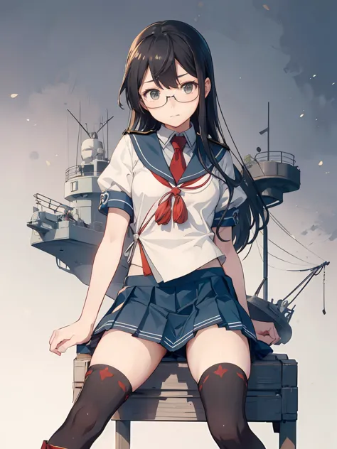 (oyodo kai　kantai collection)、((lustrous thighs))、glasses,pleated skirt、sailor suit、red tie、are standing、((紫のoverknee socks:1.5)...