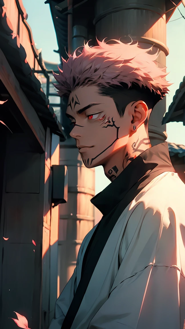 highest quality, 8K, high resolution image, anime style Jujutsu Kaisen, detailed strokes, bored look, blurry, purple light reflecting from it, (close angle), 1 man, male, model, (Ryomen Sukuna's Tattoos), cool guy, multicolored background with different geometric shapes, around stickers, muscular, dark pink hair, red eyes, short hair hairstyle: undercut, puffy chest. He wears a a black sweater with a high collar and black sweatpants, he is dressed like a ninja, hand in his pocket, background: Taiwanese temple, He sits in the grass in front of a Taiwanese temple and enjoys the beautiful weather, blue sky, sunny day, trees, light wind, cherry blossoms, autumn leaves, garden