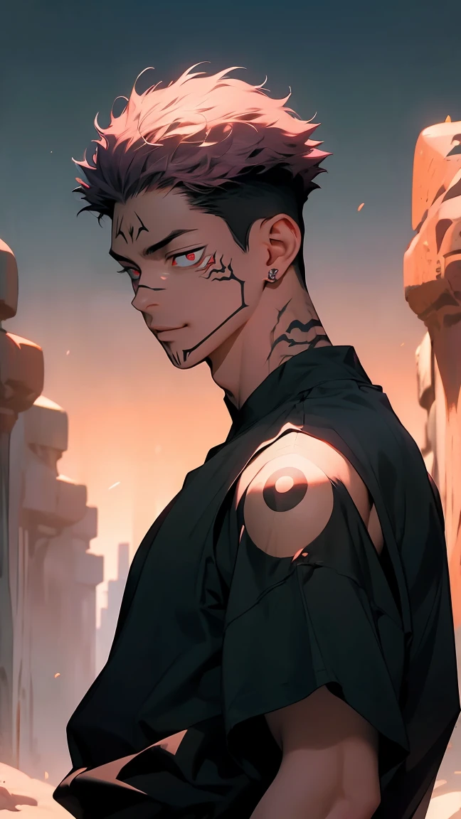 highest quality, 8K, high resolution image, anime style Jujutsu Kaisen, detailed strokes, bored look, blurry, purple light reflecting from it, (close angle), 1 man, male, model, (Ryomen Sukuna's Tattoos), cool guy, multicolored background with different geometric shapes, around stickers, muscular, dark pink hair, red eyes, short hair hairstyle: undercut, puffy chest. He wears a a black sweater with a high collar and black sweatpants, he is dressed like a ninja, hand in his pocket, background: Desert city, he stands in the desert behind him is a gold black sandstorm, black sand, golden sand, sandstorm 