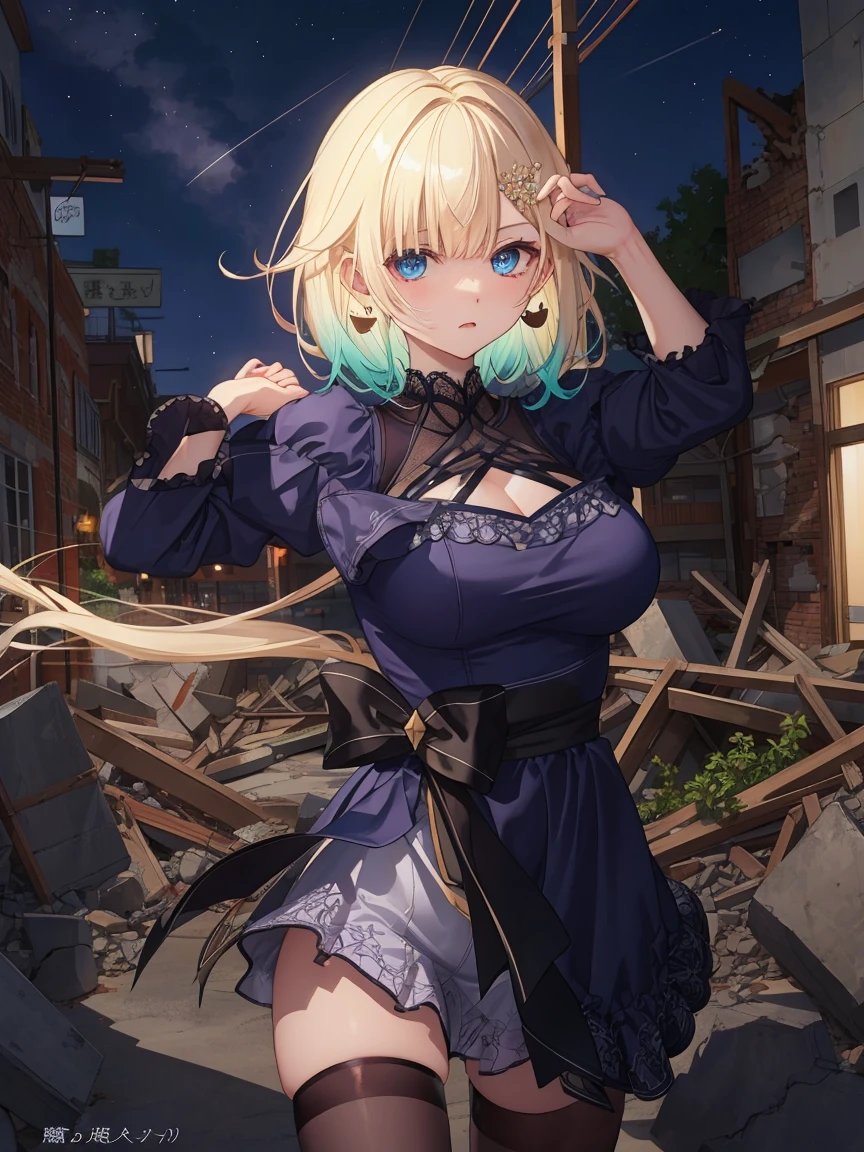 Portrait, official art, best masterpiece, best quality, best resolution, 8K, best detailed, perfect anatomy
BREAK
Open Stance, standing, Dynamic pose, fighting pose
BREAK
Serious face
BREAK
aizawa ema, short hair, gradient hair, blond hair, hair ornament, earrings, blue eyes, (large breasts:1.2), solo, 1woman, BREAK
(Apocalypse, ruins, ruined city), (night, midnight, darkness:1.4), dust, dust, light particles, facing to viewer, very fine and detailed 16KCG wallpapersrs