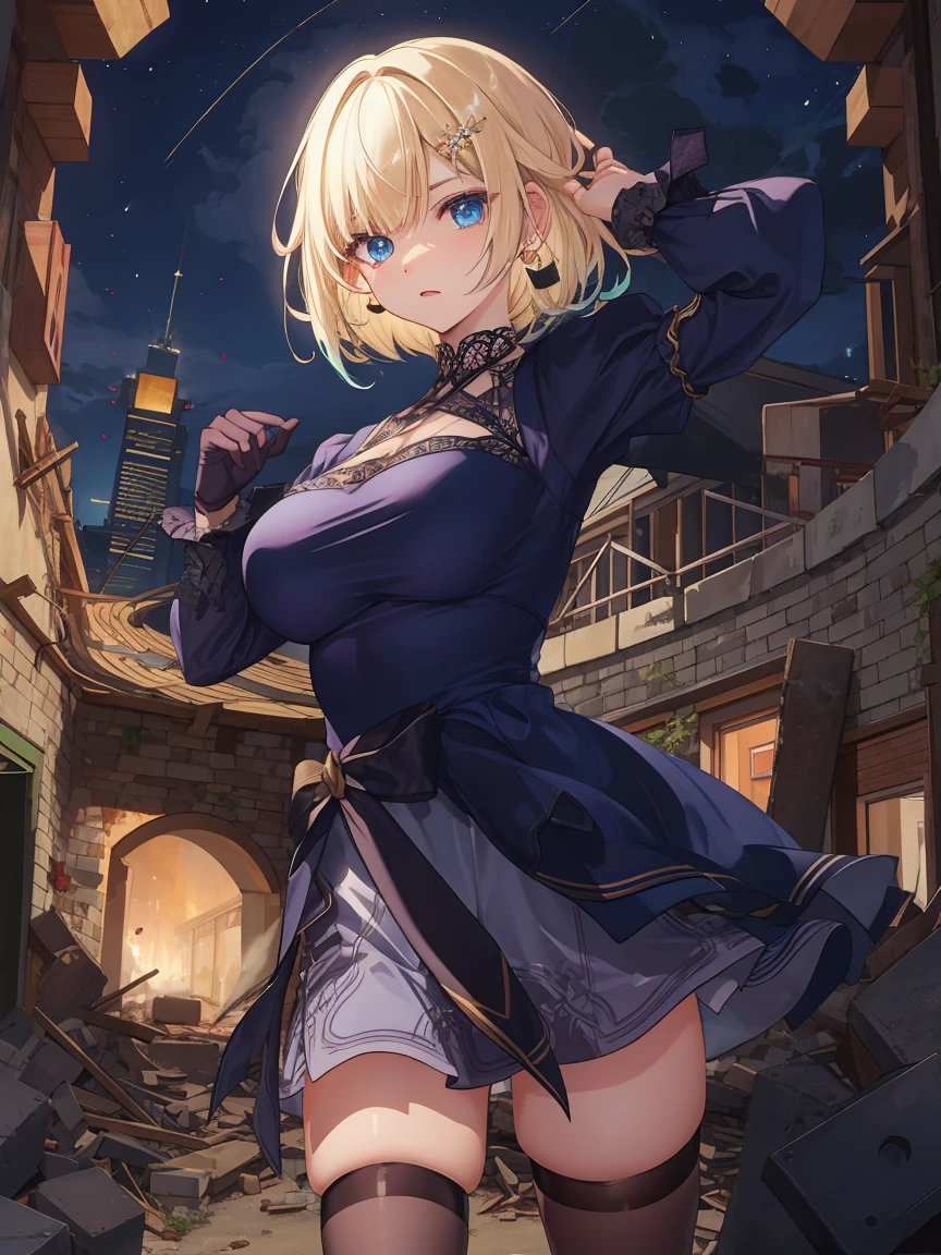 Portrait, official art, best masterpiece, best quality, best resolution, 8K, best detailed, perfect anatomy
BREAK
Open Stance, standing, Dynamic pose, fighting pose
BREAK
Serious face
BREAK
aizawa ema, short hair, gradient hair, blond hair, hair ornament, earrings, blue eyes, (large breasts:1.2), solo, 1woman, BREAK
(Apocalypse, ruins, ruined city), (night, midnight, darkness:1.4), dust, dust, light particles, facing to viewer, very fine and detailed 16KCG wallpapersrs