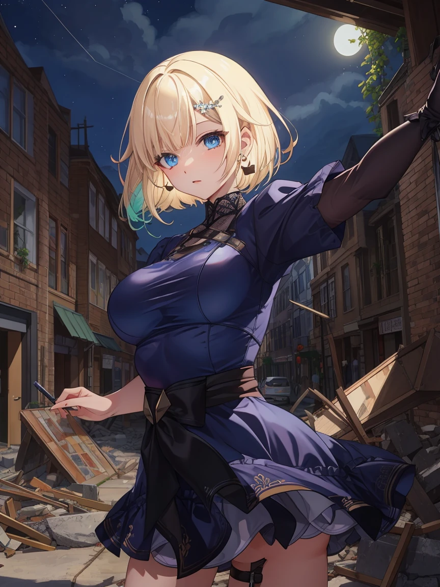 Portrait, official art, best masterpiece, best quality, best resolution, 8K, best detailed, perfect anatomy
BREAK
Open Stance, standing, Dynamic pose, fighting pose
BREAK
Serious face
BREAK
aizawa ema, short hair, gradient hair, blond hair, hair ornament, earrings, blue eyes, (large breasts:1.2), solo, 1woman, BREAK
(Apocalypse, ruins, ruined city), (night, midnight, darkness:1.4), dust, dust, light particles, facing to viewer, very fine and detailed 16KCG wallpapersrs