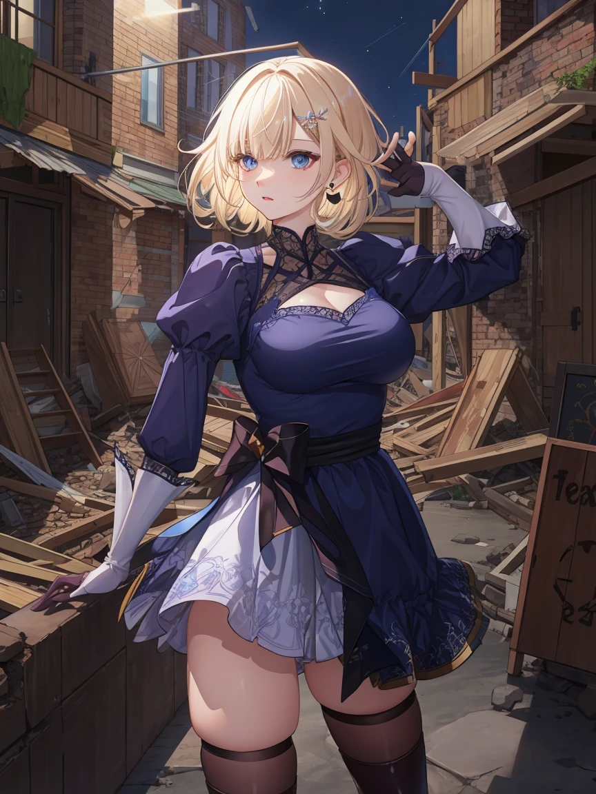 Portrait, official art, best masterpiece, best quality, best resolution, 8K, best detailed, perfect anatomy
BREAK
Open Stance, standing, Dynamic pose, fighting pose
BREAK
Serious face
BREAK
aizawa ema, short hair, gradient hair, blond hair, hair ornament, earrings, blue eyes, (large breasts:1.2), solo, 1woman, BREAK
(Apocalypse, ruins, ruined city), (night, midnight, darkness:1.4), dust, dust, light particles, facing to viewer, very fine and detailed 16KCG wallpapersrs