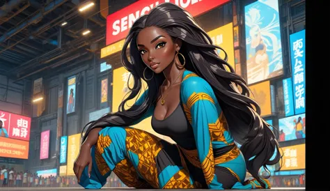 ((plain background: 1.5)), ((full body: 1.5)), ((dark-skinned beautiful african woman: 1.7)) with very long black hair, strong b...