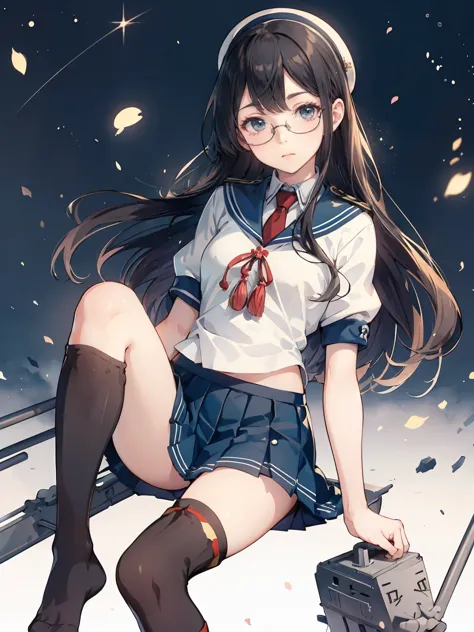 (oyodo kai　kantai collection)、((lustrous thighs))、glasses,pleated skirt、sailor suit、red tie、are standing、((紫のoverknee socks:1.5)...