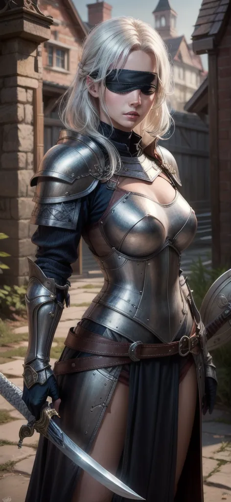 masterpiece, best quality, highres, 1girl, realistic, black blindfold, white hair, armor, heavy armor, large armor, medieval arm...