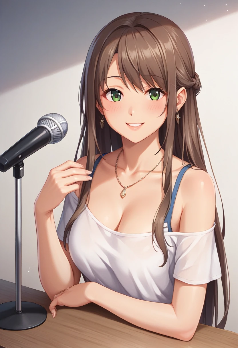 (masterpiece),(Highest quality),(Very detailed),(Best illustrations),(Best Shadow),(Absurd),(Detailed Background),(so beautiful),uzuki shimamura,  Spread your legs，Functional,One person, jewelry, Long Hair, Brown Hair, White underwear, alone, microphone, Braiding, smile, flower，