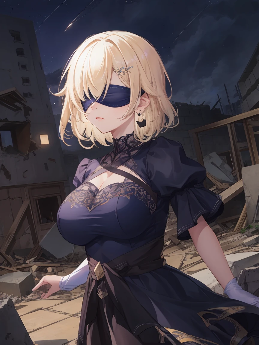 Portrait, official art, best masterpiece, best quality, best resolution, 8K, best detailed, perfect anatomy
BREAK
Open Stance, standing, Dynamic pose, fighting pose
BREAK
Serious face
BREAK
aizawa ema, short hair, gradient hair, blond hair, hair ornament, earrings, (large breasts:1.2), solo, 1woman, (Blindfold, black dress)
BREAK
(Apocalypse, ruins, ruined city), (night, midnight, darkness:1.4), dust, dust, light particles, facing to viewer, very fine and detailed 16KCG wallpapersrs