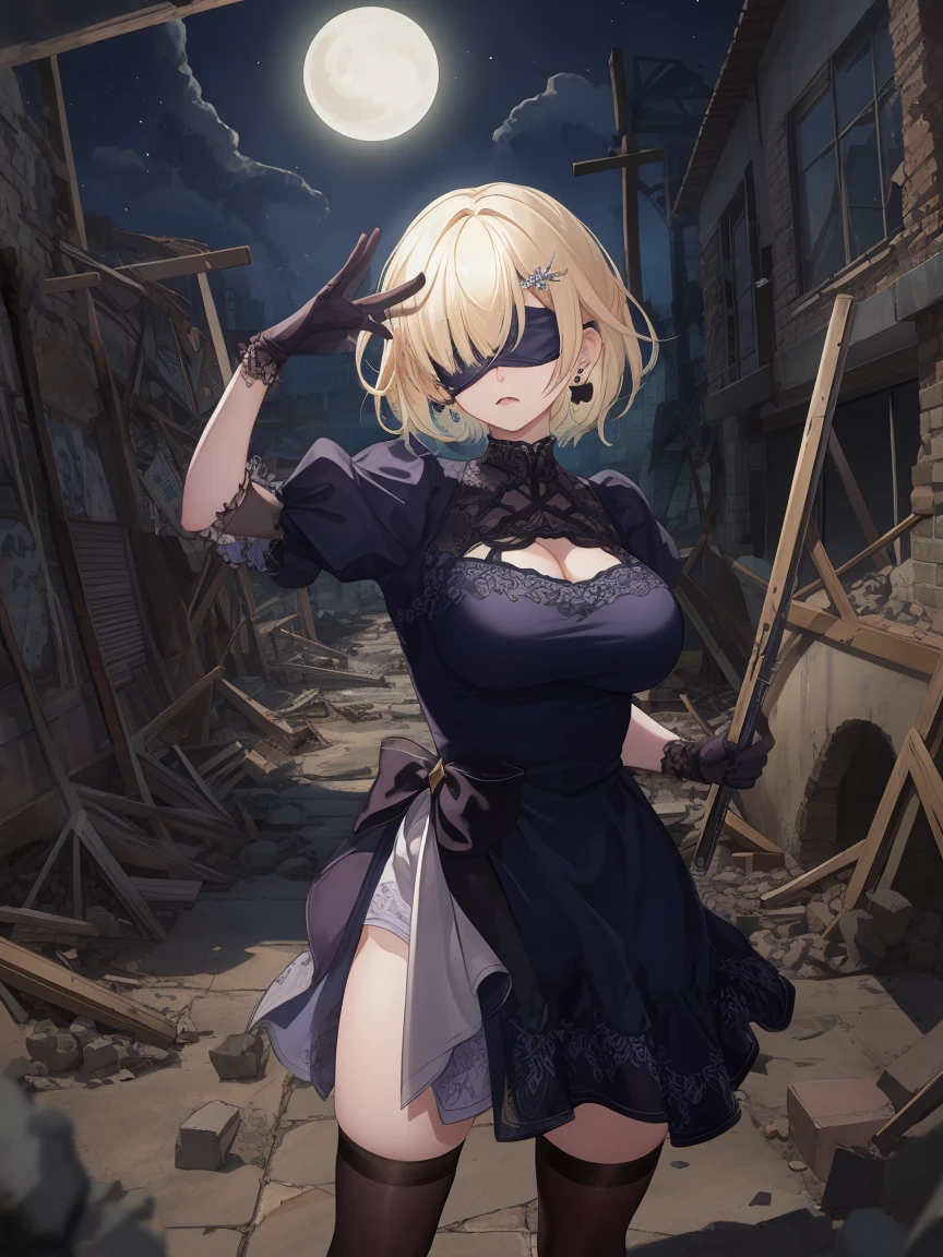 Portrait, official art, best masterpiece, best quality, best resolution, 8K, best detailed, perfect anatomy
BREAK
Open Stance, standing, Dynamic pose, fighting pose
BREAK
Serious face
BREAK
aizawa ema, short hair, gradient hair, blond hair, hair ornament, earrings, (large breasts:1.2), solo, 1woman, (Blindfold, black dress)
BREAK
(Apocalypse, ruins, ruined city), (night, midnight, darkness:1.4), dust, dust, light particles, facing to viewer, very fine and detailed 16KCG wallpapersrs