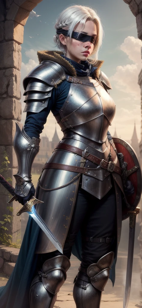 masterpiece, best quality, highres, 1girl, realistic, black blindfold, White hair, armor, heavy armor, large armor, medieval armor, Sword, sword in hand,  plate armor,