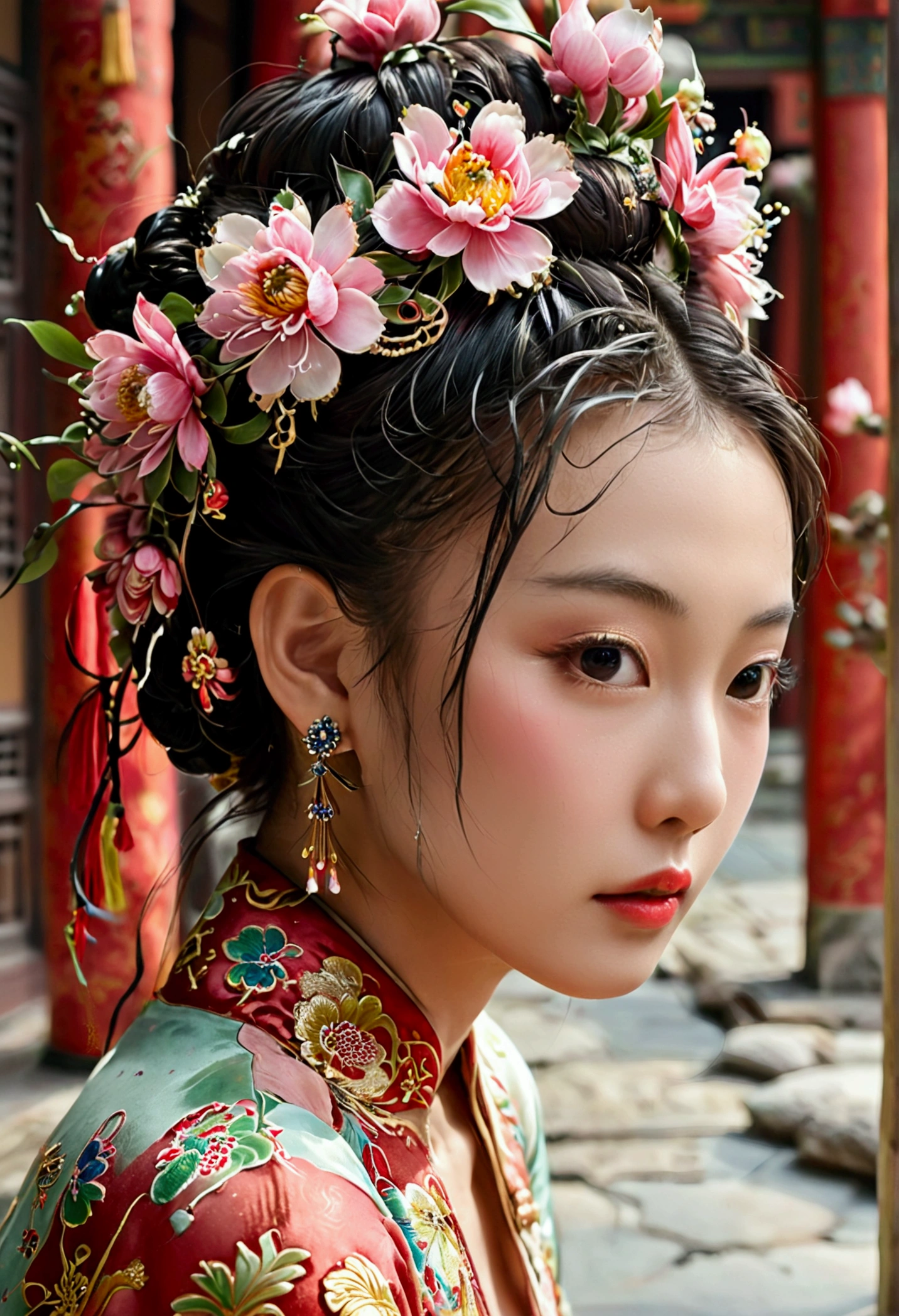 A woman seen from the front, bent over on the ground facing forward, legs spread apart, busty and naked, wearing a crown and showing her thighs and feet from below, in the Chinese imperial court of the Qing dynasty.。She is completely naked, showing off her gorgeous large flowers and hairpins, her hair tied up and pulled up, and the background is the stone paving of the Chinese palace of the Qing Dynasty.