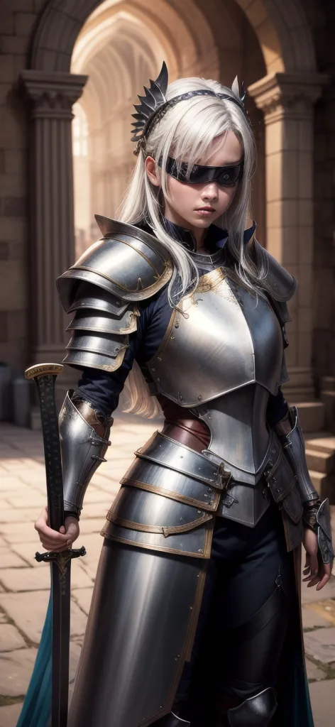 masterpiece, best quality, highres, 1girl, realistic, black blindfold, white hair, armor, heavy armor, large armor, medieval arm...