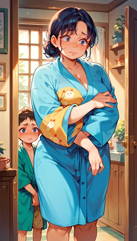 1 small shota boy,1 mature woman, curvy, big tits, chubby, crossing arms,in bathrobe,nervous face, looking away