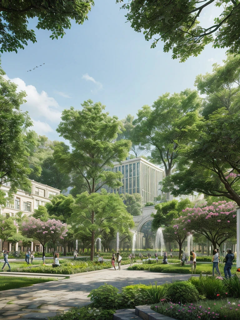 a massive school-like building, large gardens filled with colorful flowers and various trees, abundant vegetation, cafeteria and rest areas, fountains, stone pathways, highly detailed, 8k, hyperrealistic, photorealistic, professional, intricate details, lush greenery, vibrant colors, natural lighting, striking architecture, picturesque scenery, serene atmosphere