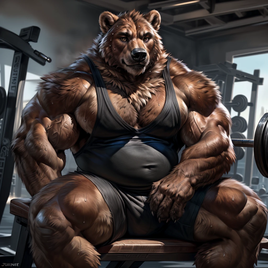 "Masterpiece, Cool Pose, Furry bear, grizzly bear, furry body, anthro thick brown grizzly bear, (monotone brown fur:1.3), male, black beard, brown thick chest fur, adult, HEIGHT: 220CM, WEIGHT: 200kg (440 lbs), (heavily thick muscular, manly, brutal, masculine:1.4), brown eyes, realistic eyes, Casual Set, Fierce, Good looking, Smirking, Sexy, Hunk, Looking To Front, God-like body-built, look at  Sitting InBench, Gym setups, Gym Background, (by Taran Fiddler, by Chunie, by Rukis, Bonifasko lighting), best posture, claws on hands, (photorealistic fur, detailed fur, epic, masterpiece:1.2), sexy shadows, (by echin, by Taran Fiddler, by takemoto arashi, by Traver009, by Juiceps), (detailed eyes:1.2), impressive physique, Focus on the front, Watching the Perfect bod, a workout machine behind, black shorts, wearing a black tank top, working out,(sweat:1.4)