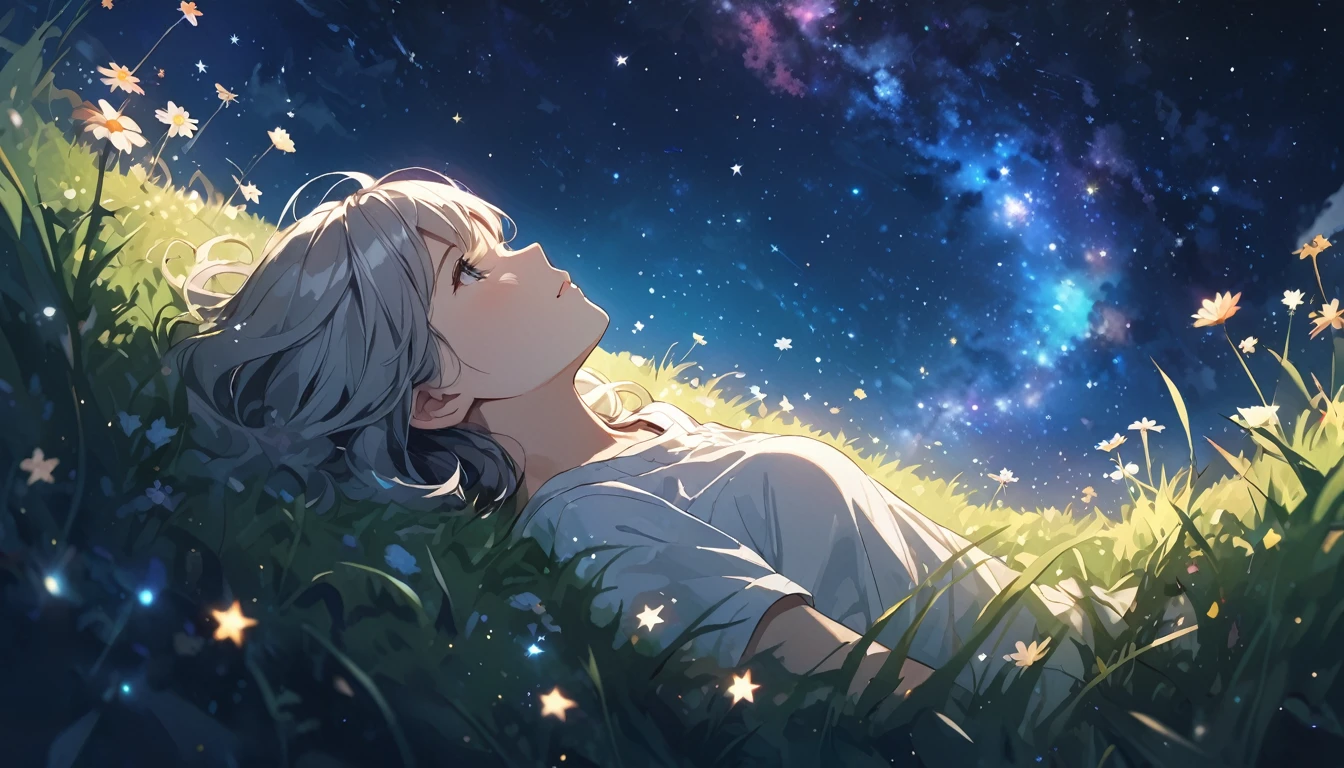 is lying on the grass, Gray Hair,Look up at the starry sky. Colorful nebulae