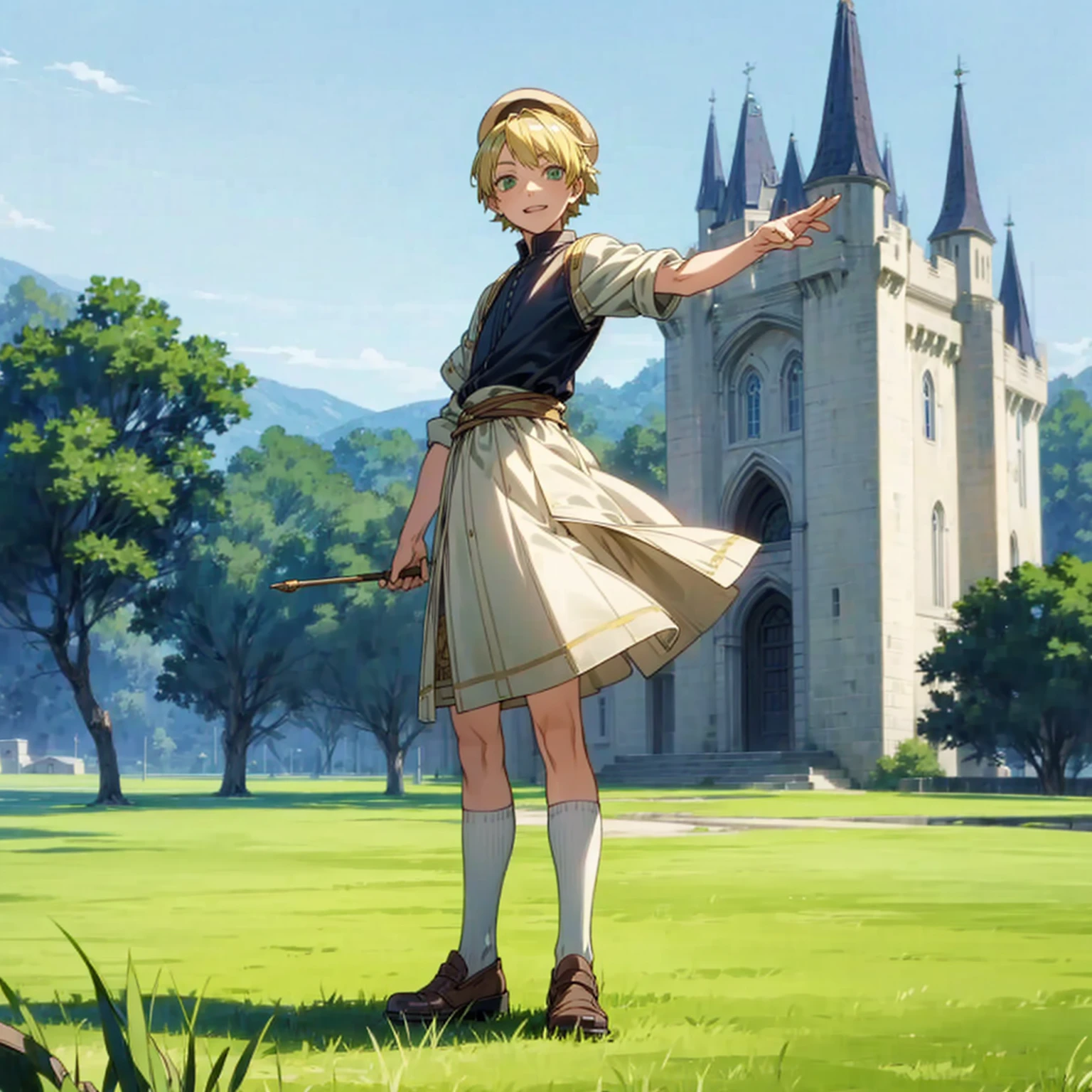 Solo character, full body version, kid boy, green eyes, blonde color hair, short bob hair, king outfit, shoes, outdoor, Castle, field, medieval, morning, standing gesture, detailed background, detailed clothing, detailed hair, happy eyes, (food wars style art), straw hat 