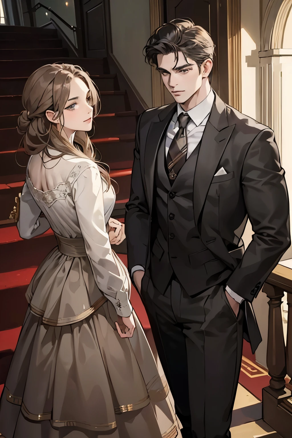 ((best quality)), ((masterpiece)), (detailed), A handsome man in a brown gray suit，A bodyguard in dark clothes，Two people walked up the stairs of the villa to the living room，Perfect face perfect hands