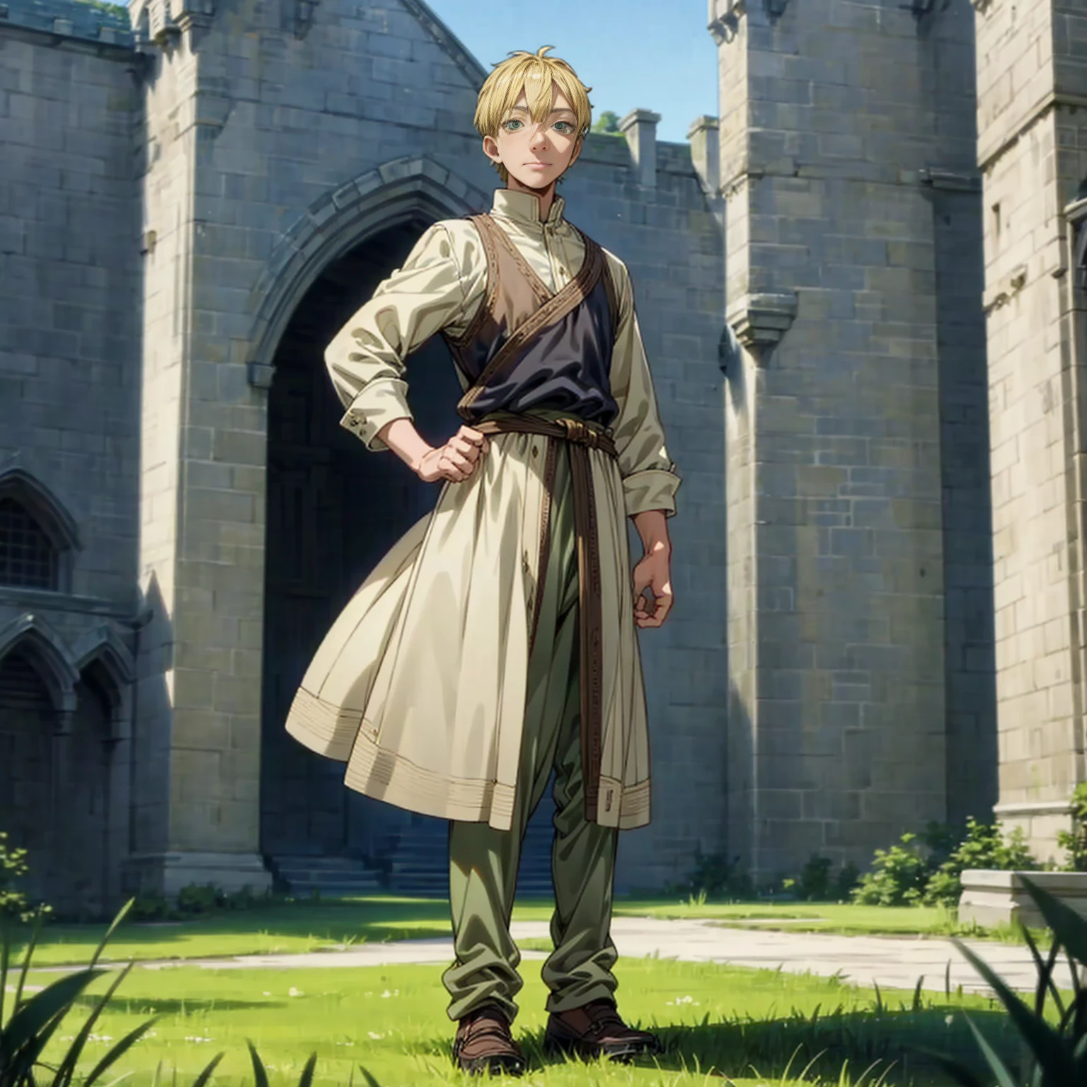 Solo character, full body version, old man, green eyes, blonde color hair, short bob hair, royal king outfit, shoes, outdoor, Castle, field, medieval, morning, standing gesture, detailed background, detailed clothing, detailed hair, happy eyes, (food wars style art)