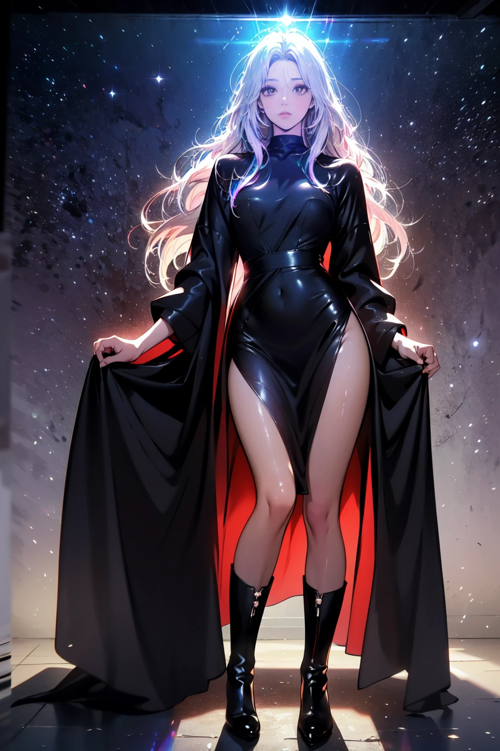 Girl with long white hair down to her waist, with small red details, red eyes, long black dress with a leg slit, with red details, long black boots up to below the knees, white skin, the ground around her is cracking and small stones are floating around her surrounded by a black aura, she is surrounded by shadows, and the background is dark like the night with the universe and stars, her presence causes fear, her shadow appears to be a monster, 8k, high quality, full body, (ultra-realistic), {extremely detailed 8k CG unit wallpaper}, expansive landscape photograph, (light: 2.0), (warm light source: 1.5), complex details, (iridescent colors: 1.5), (bright lighting), (atmospheric lighting), surreal, impressive, fantasy, (Solo: 1.2), White moon