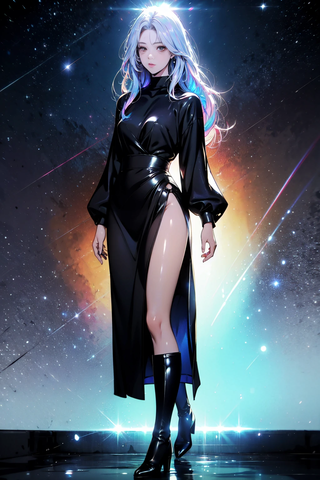 Girl with long white hair down to her waist, with small red details, red eyes, long black dress with a leg slit, with red details, long black boots up to below the knees, white skin, the ground around her is cracking and small stones are floating around her surrounded by a black aura, she is surrounded by shadows, and the background is dark like the night with the universe and stars, her presence causes fear, her shadow appears to be a monster, 8k, high quality, full body, (ultra-realistic), {extremely detailed 8k CG unit wallpaper}, expansive landscape photograph, (light: 2.0), (warm light source: 1.5), complex details, (iridescent colors: 1.5), (bright lighting), (atmospheric lighting), surreal, impressive, fantasy, (Solo: 1.2), White moon