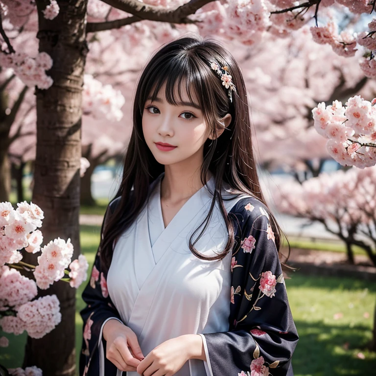 good quality, Delicate face，beautiful visual work, lifelike, eternity, black hair, Long curly hair, blunt bangs, Smile, Detailed Background, Delicate face，blush，cold，((masterpiece))、(top quality)、8k、high detail、Super detailed，31-year-old female， masterpiece、born、Scenes resembling fairy tale illustrations、intricate details和複雜的設計、Beautifully、magic、capricious、 Beautifully、Dream aesthetics、「𝓡𝓸𝓶𝓪𝓷𝓽𝓲𝓬、ethereal、charming、fickle、magic」、realism、Visual effects、FXAA、SSAO、Shader、voiceless、ambient lighting、Tone mapping、High resolution、Ultra high quality、Million pixels、(8K resolution:1.10)、8k、8k以下、8K resolution、high detail、intricate details， (high quality:1.2、masterpiece:1.2、:1.21)、(21 years old female:1.21)、(興奮地Smile)、(Surrounded by a dreamy atmosphere、Model diagram，full-body shot，Normal 2 feet，Put your hands behind you，The protrusion of the breast is visible when wearing clothes, Cherry blossoms:1.3, kimono:1.2,