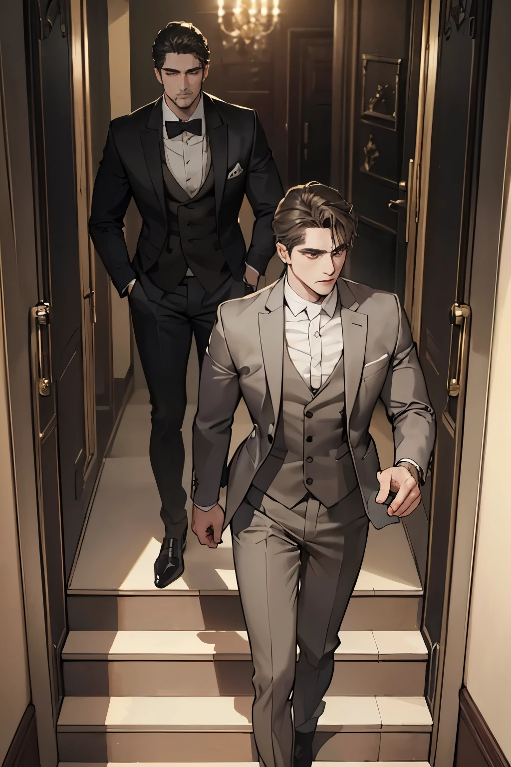 ((best quality)), ((masterpiece)), (detailed), A handsome man in a brown gray suit，A bodyguard in dark clothes，Two people walked up the stairs of the villa to the living room，Perfect face perfect hands