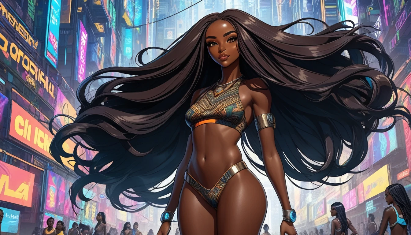 (((Full body: 1.5))), ((dark-skinned beautiful African woman: 1.7)) with very long black hair, strong body, thick athletic body, cyberpunk background, Realistic, top quality picture, 4K, ultra HD |, ((master part))), (((best quality))), ((ultra detail)),(Highly detailed CG illustration), Cinematic light, camera: Choose an angle that highlights the beauty of the character. resolution: Aim for a high-resolution artwork to showcase intricate details and clarity