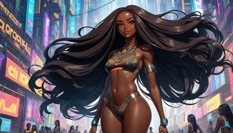 (((full body: 1.5))), ((dark-skinned beautiful african woman: 1.7)) with very long black hair, strong body, thick athletic body,...