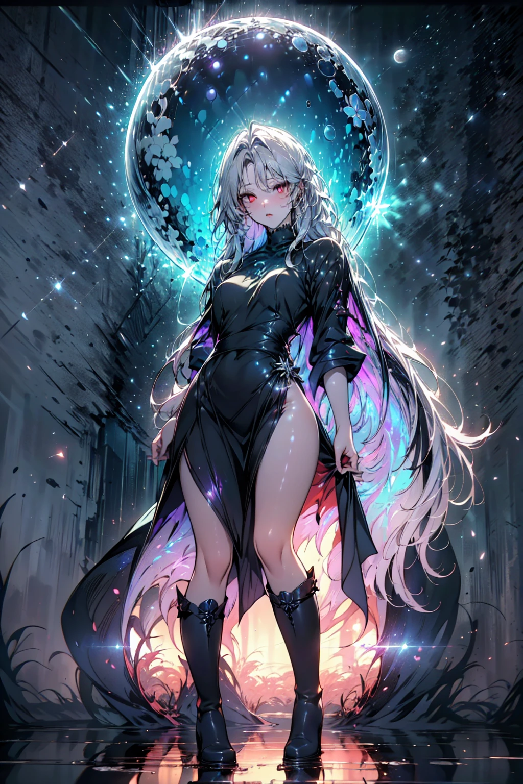 Girl with long white hair down to her waist, with small red details, red eyes, long black dress with a leg slit, with red details, long black boots up to below the knees, white skin, the ground around her is cracking and small stones are floating around her surrounded by a black aura, she is surrounded by shadows, and the background is dark like the night with the universe and stars, her presence causes fear, her shadow appears to be a monster, 8k, high quality, full body, (ultra-realistic), {extremely detailed 8k CG unit wallpaper}, expansive landscape photograph, (light: 2.0), (warm light source: 1.5), complex details, (iridescent colors: 1.5), (bright lighting), (atmospheric lighting), surreal, impressive, fantasy, (Solo: 1.2), White moon